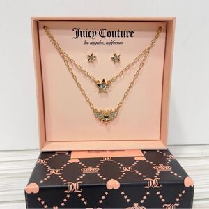 JUICY COUTURE BEE & STAR DOUBLE CHAIN GOLD TONE EARINGS & NECKLACE SET NWT